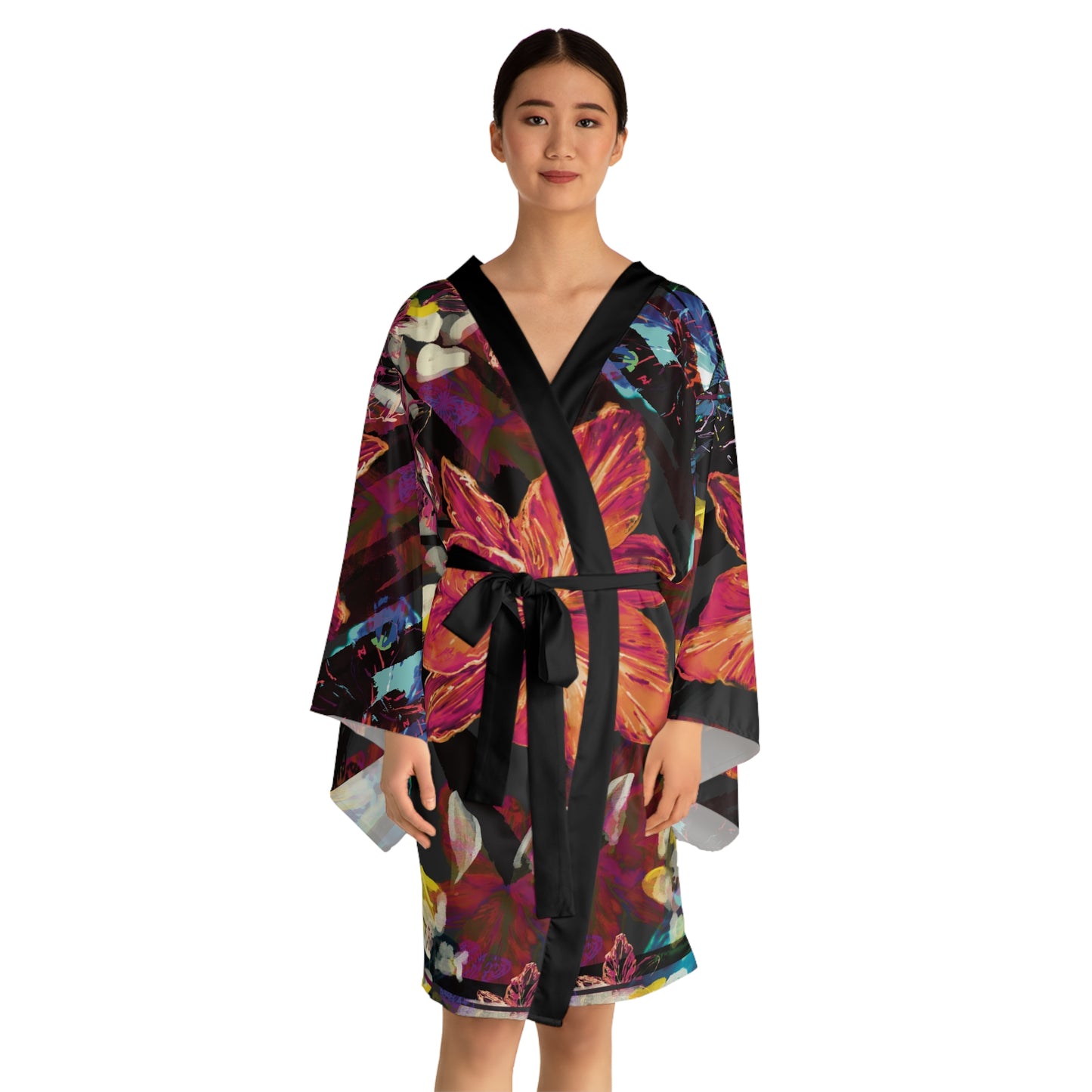 Floral Noir Kimono Robe — Long Sleeve Boho Lounge Jacket