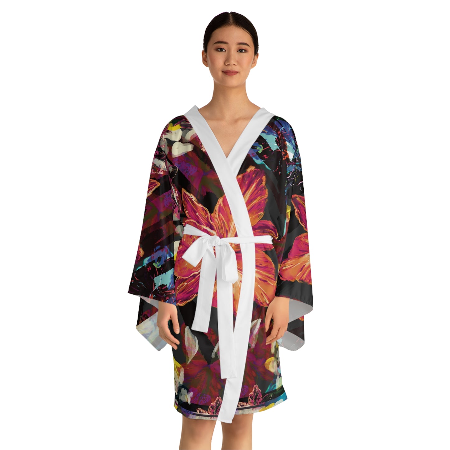 Floral Noir Kimono Robe — Long Sleeve Boho Lounge Jacket