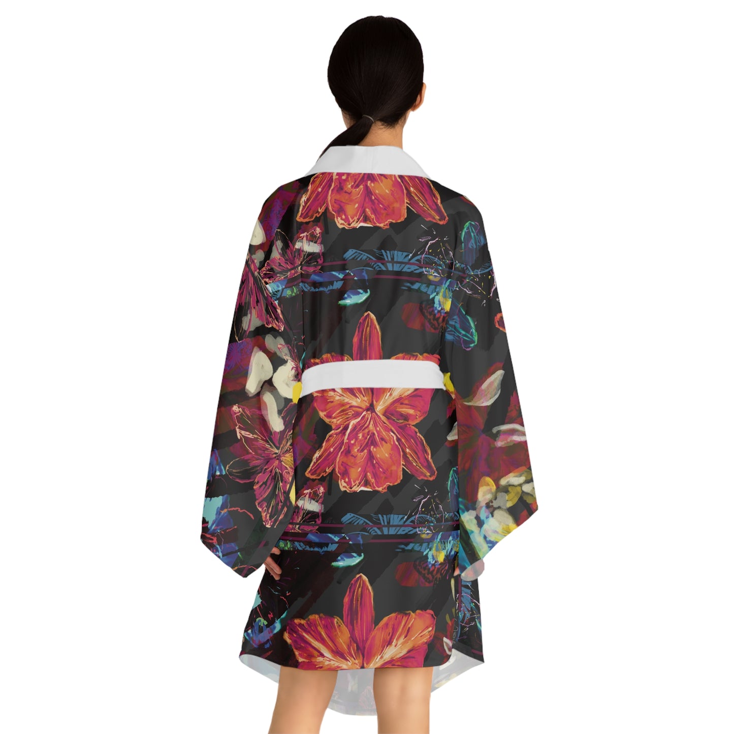 Floral Noir Kimono Robe — Long Sleeve Boho Lounge Jacket