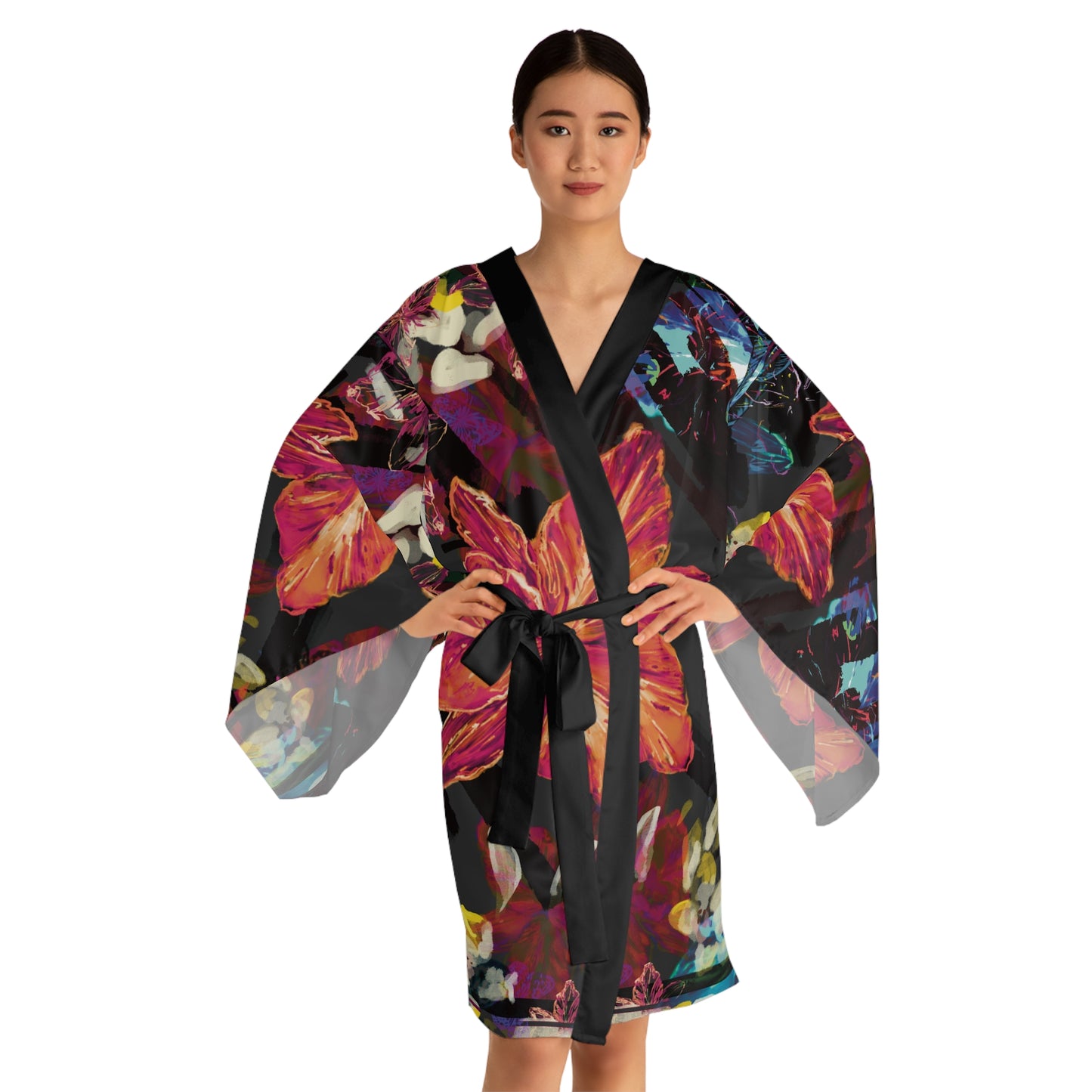 Floral Noir Kimono Robe — Long Sleeve Boho Lounge Jacket